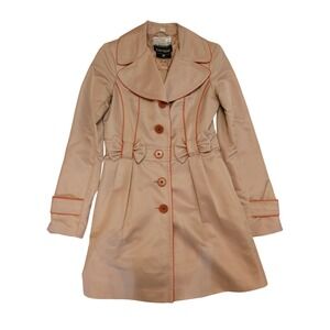 Kensie Tan Trench Coat Women's Size M‎ Pleated Bow Detail Buttons Cute